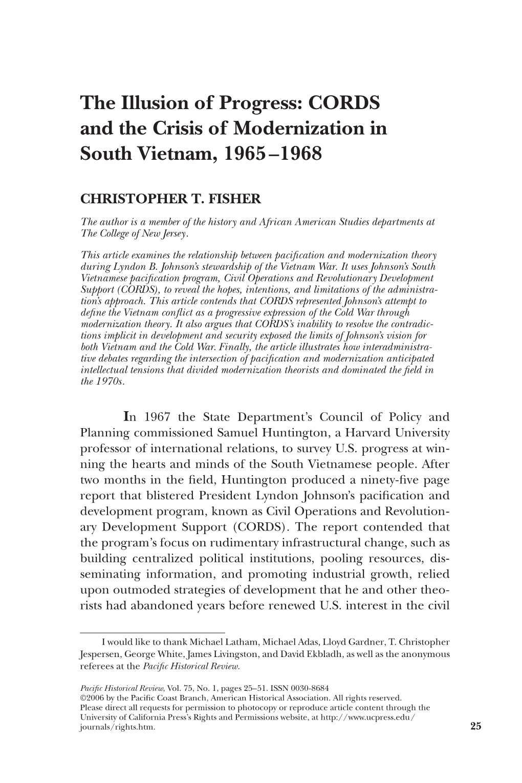 The Illusion of Progress: CORDS and the Crisis of Modernization in South Vietnam, 1965 –1968