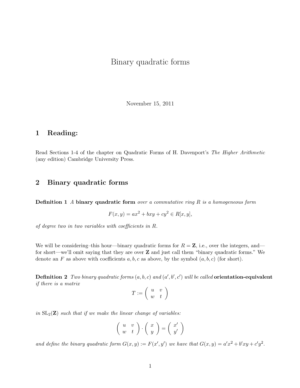 Binary Quadratic Forms