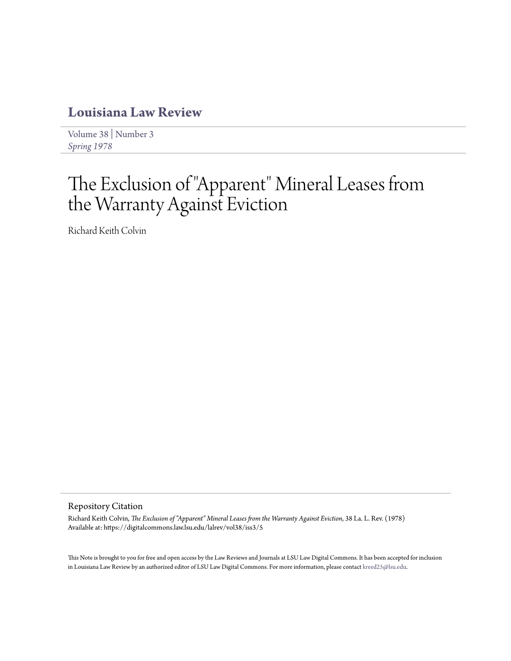 Mineral Leases from the Warranty Against Eviction Richard Keith Colvin