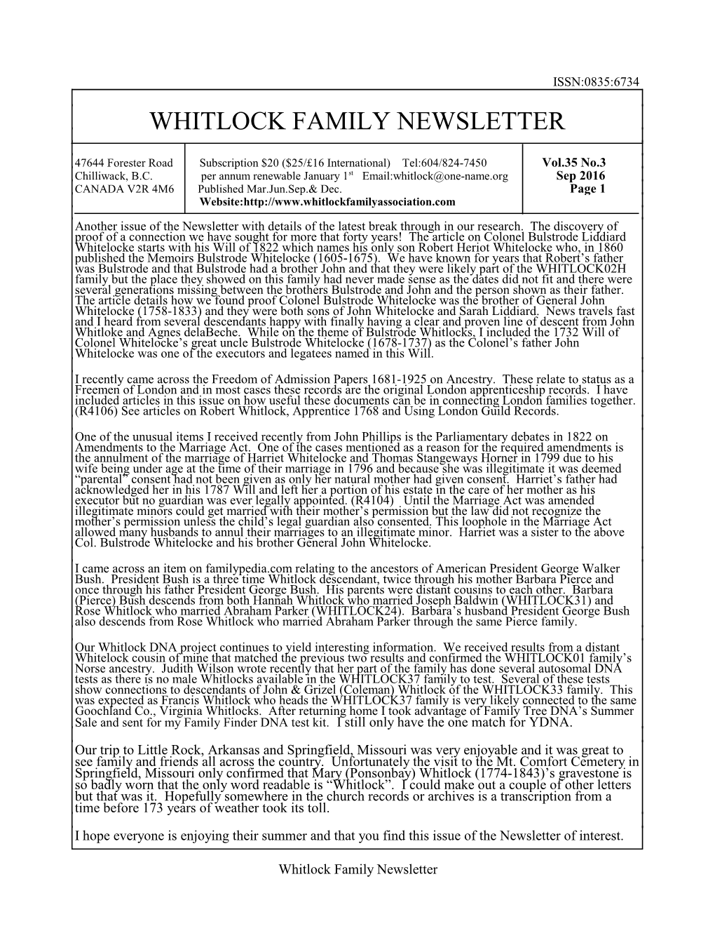 Whitlock Family Newsletter