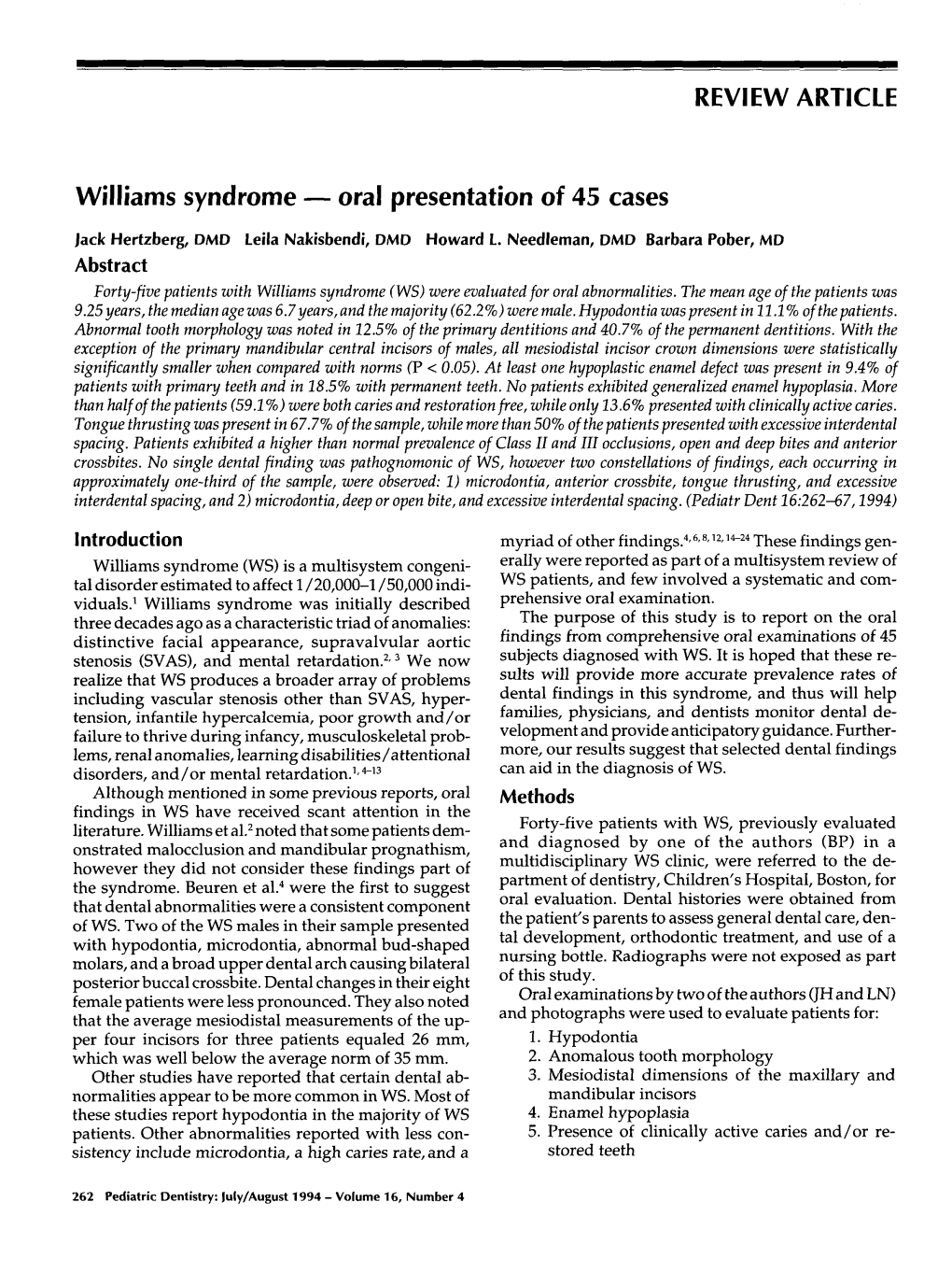 REVIEW ARTICLE Williams Syndrome M Oral Presentation of 45 Cases