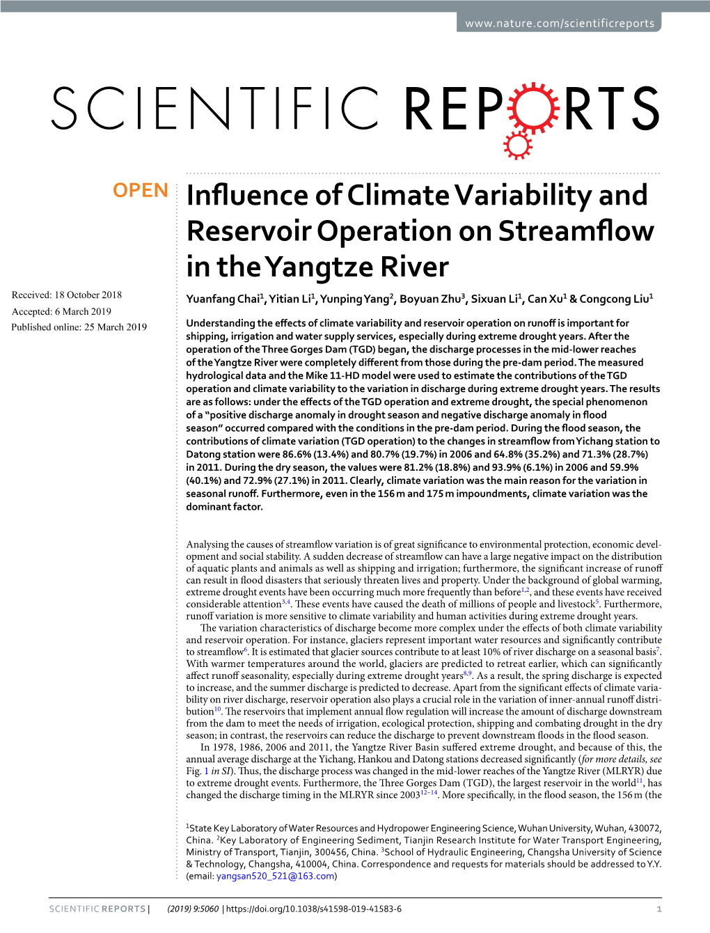Influence of Climate Variability and Reservoir Operation on Streamflow in the Yangtze River