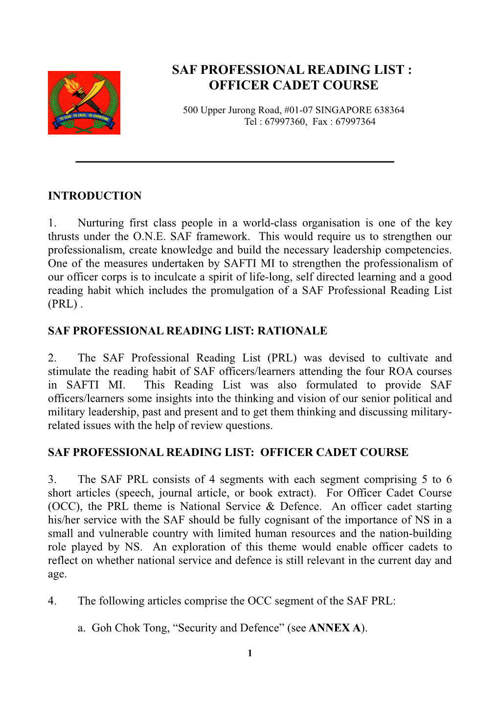 Saf Professional Reading List : Officer Cadet Course