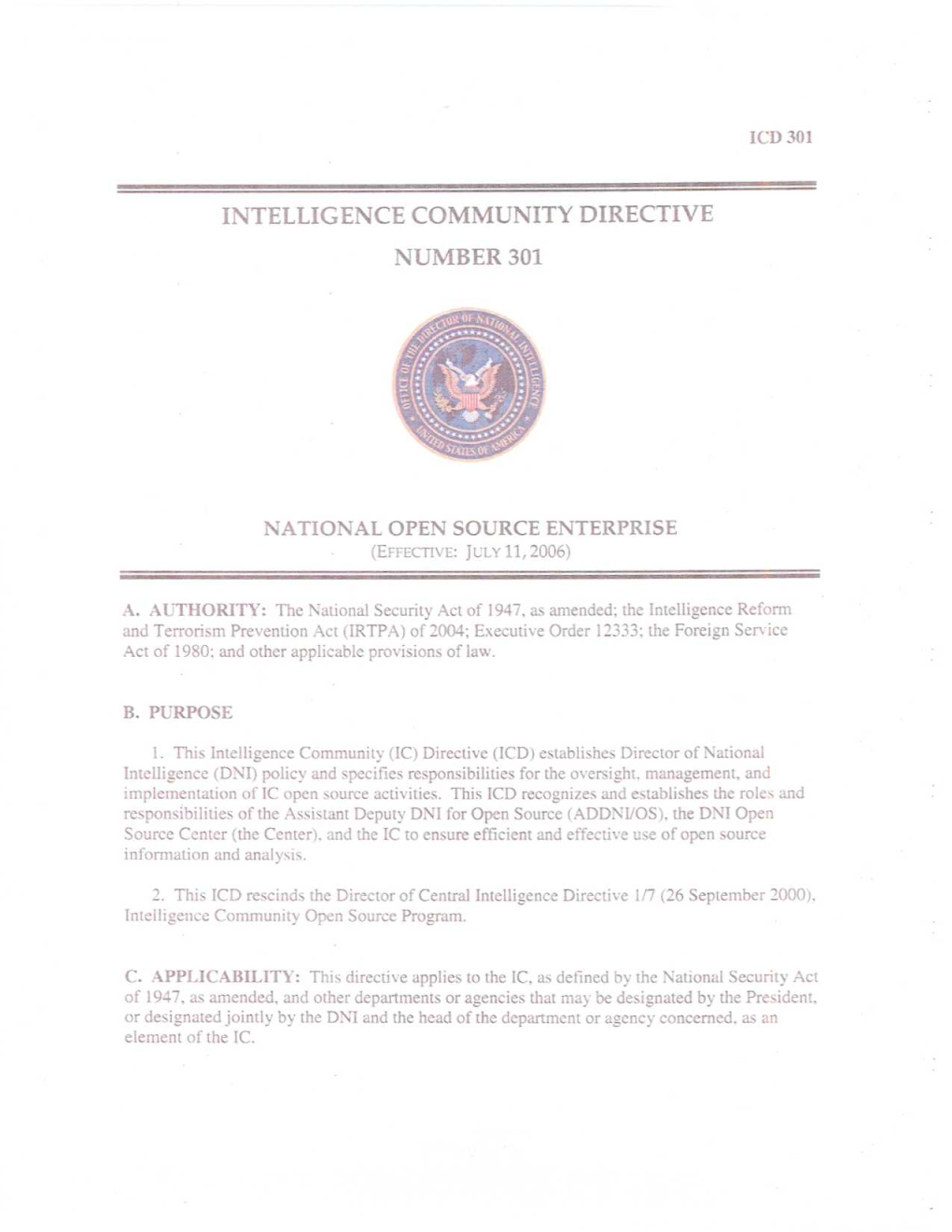 Intelligence Community Directive Number 301 (ICD 301)