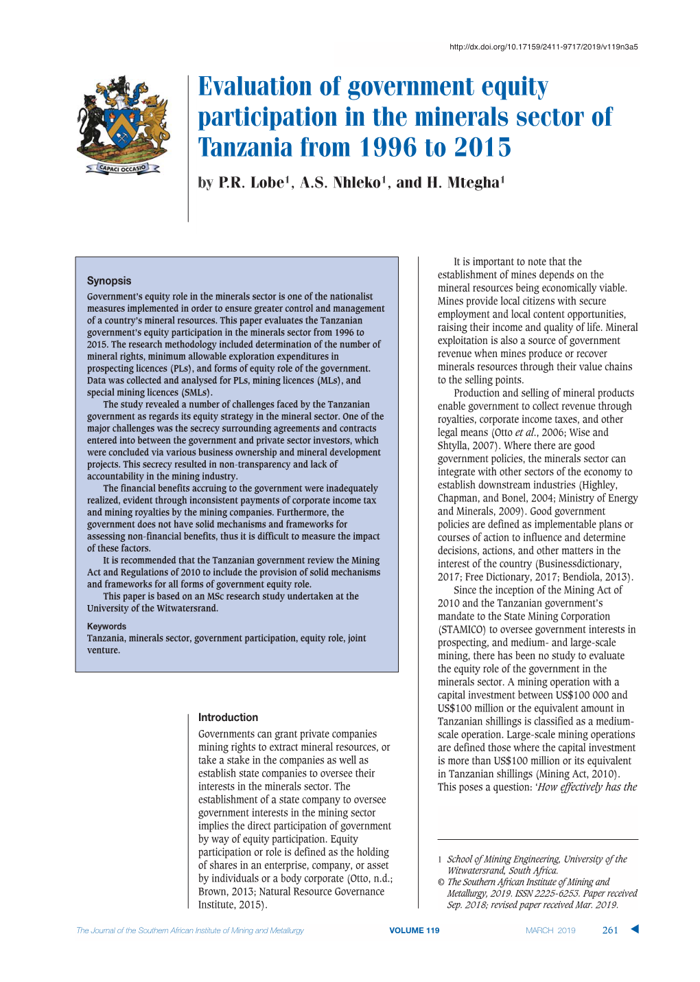 Evaluation of Government Equity Participation in the Minerals Sector of Tanzania from 1996 to 2015 by P.R