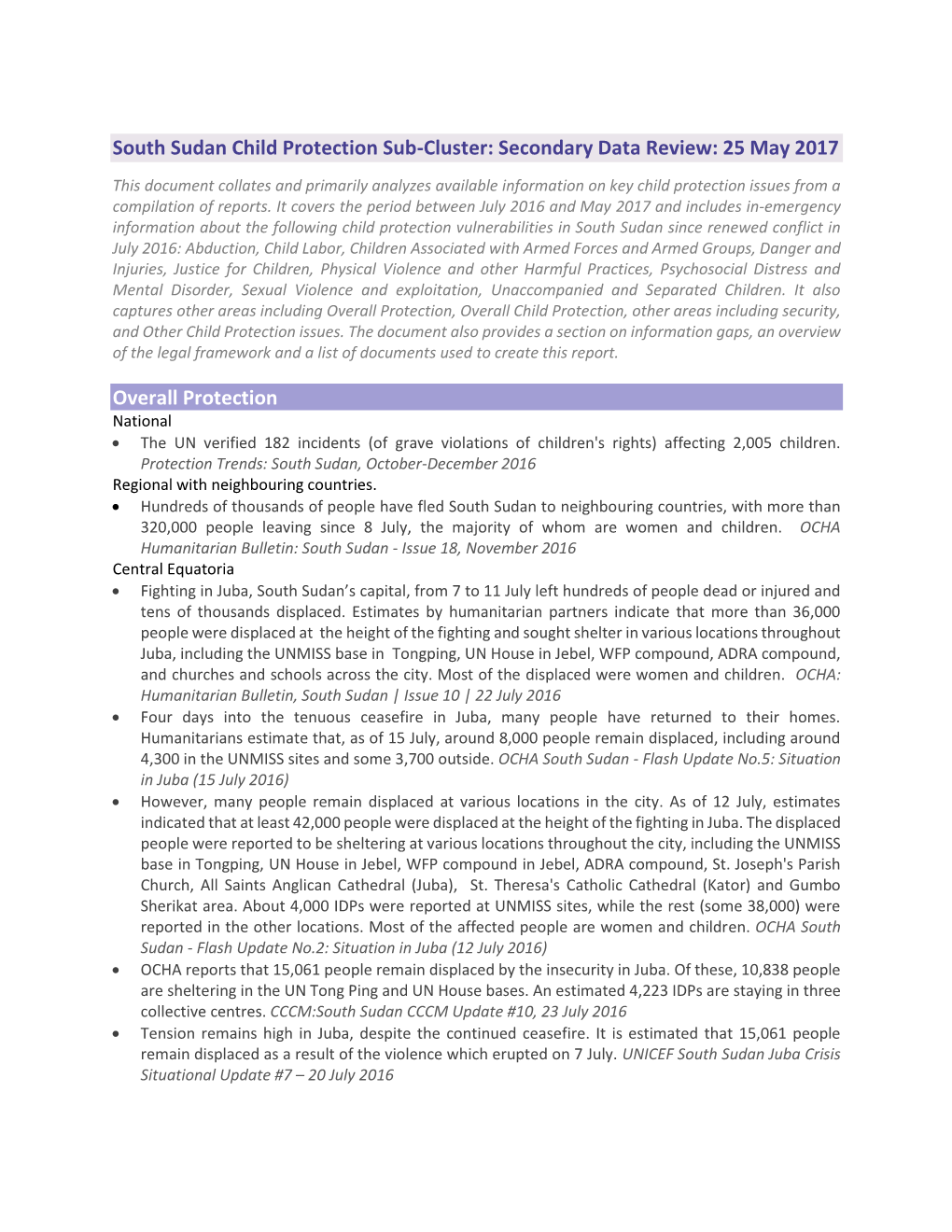 South Sudan Child Protection Sub-Cluster: Secondary Data Review: 25 May 2017