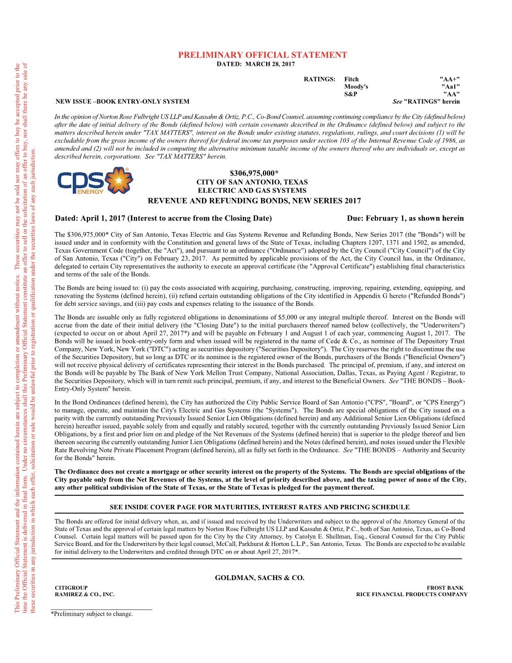 City of San Antonio, Texas Electric and Gas Systems Revenue and Refunding Bonds, New Series 2017