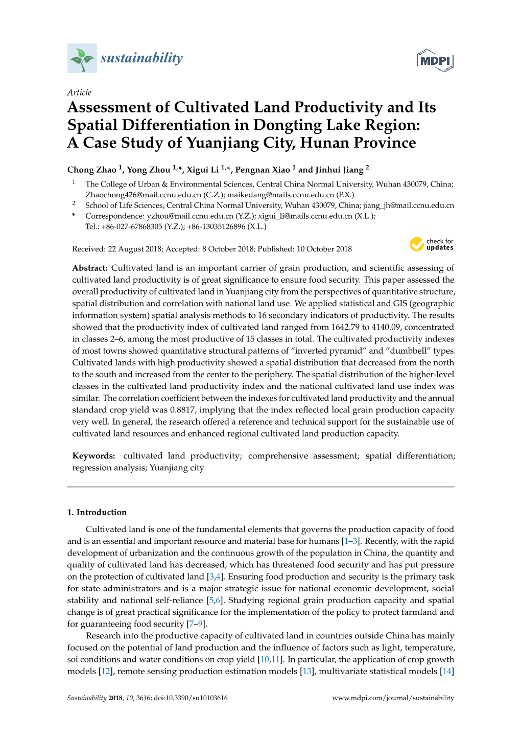 Assessment of Cultivated Land Productivity and Its Spatial Differentiation in Dongting Lake Region: a Case Study of Yuanjiang City, Hunan Province