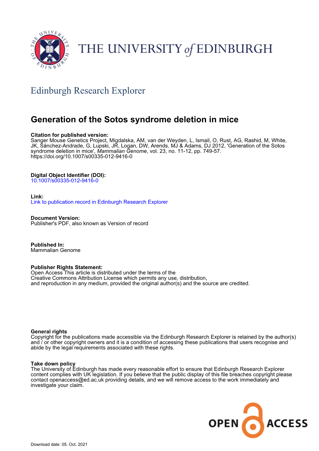 Generation of the Sotos Syndrome Deletion in Mice