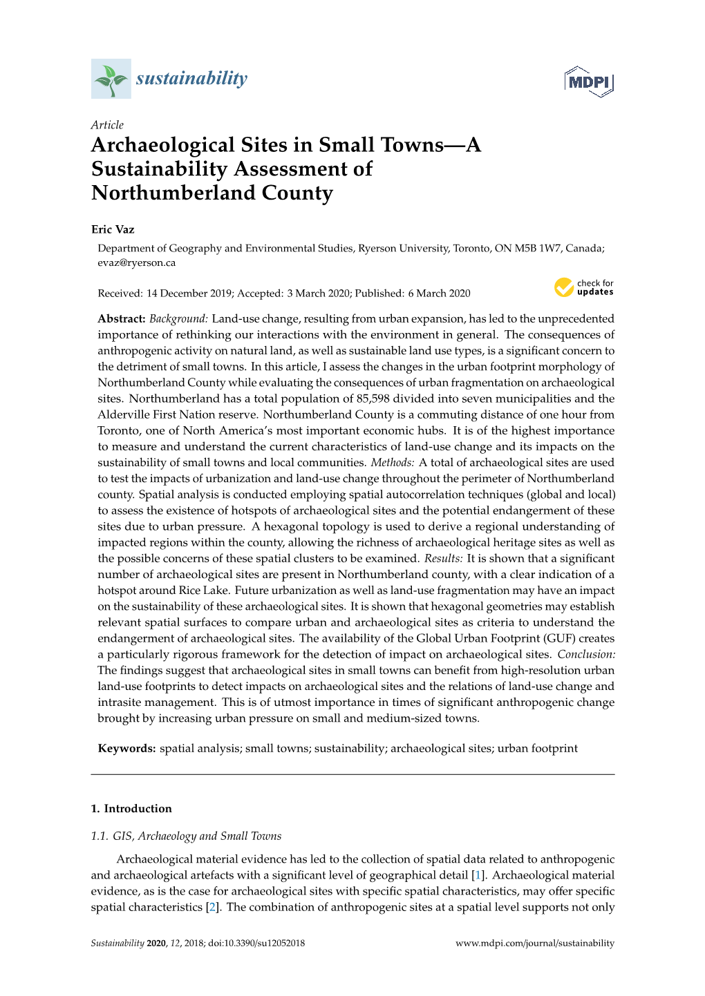 Archaeological Sites in Small Towns—A Sustainability Assessment of Northumberland County