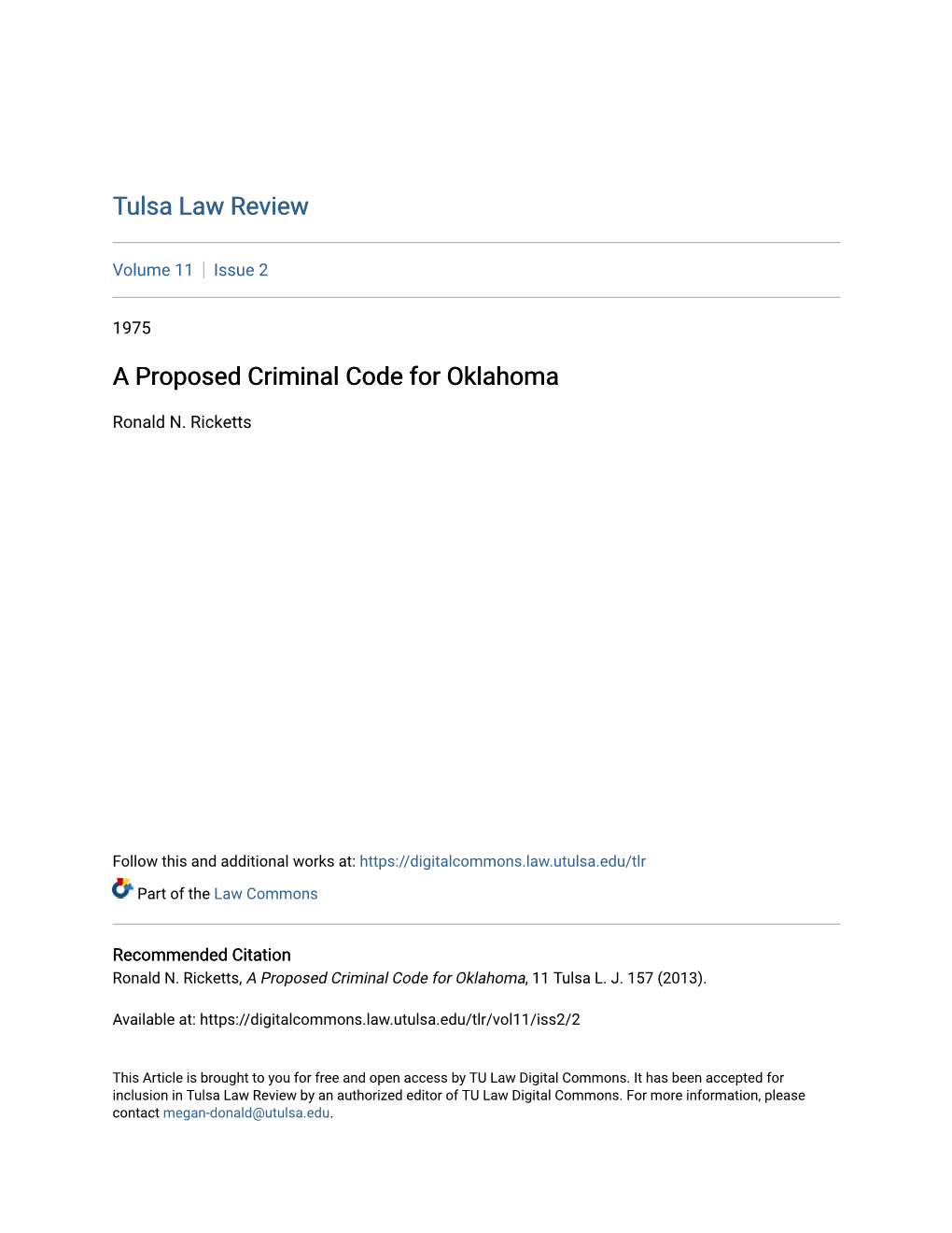 A Proposed Criminal Code for Oklahoma