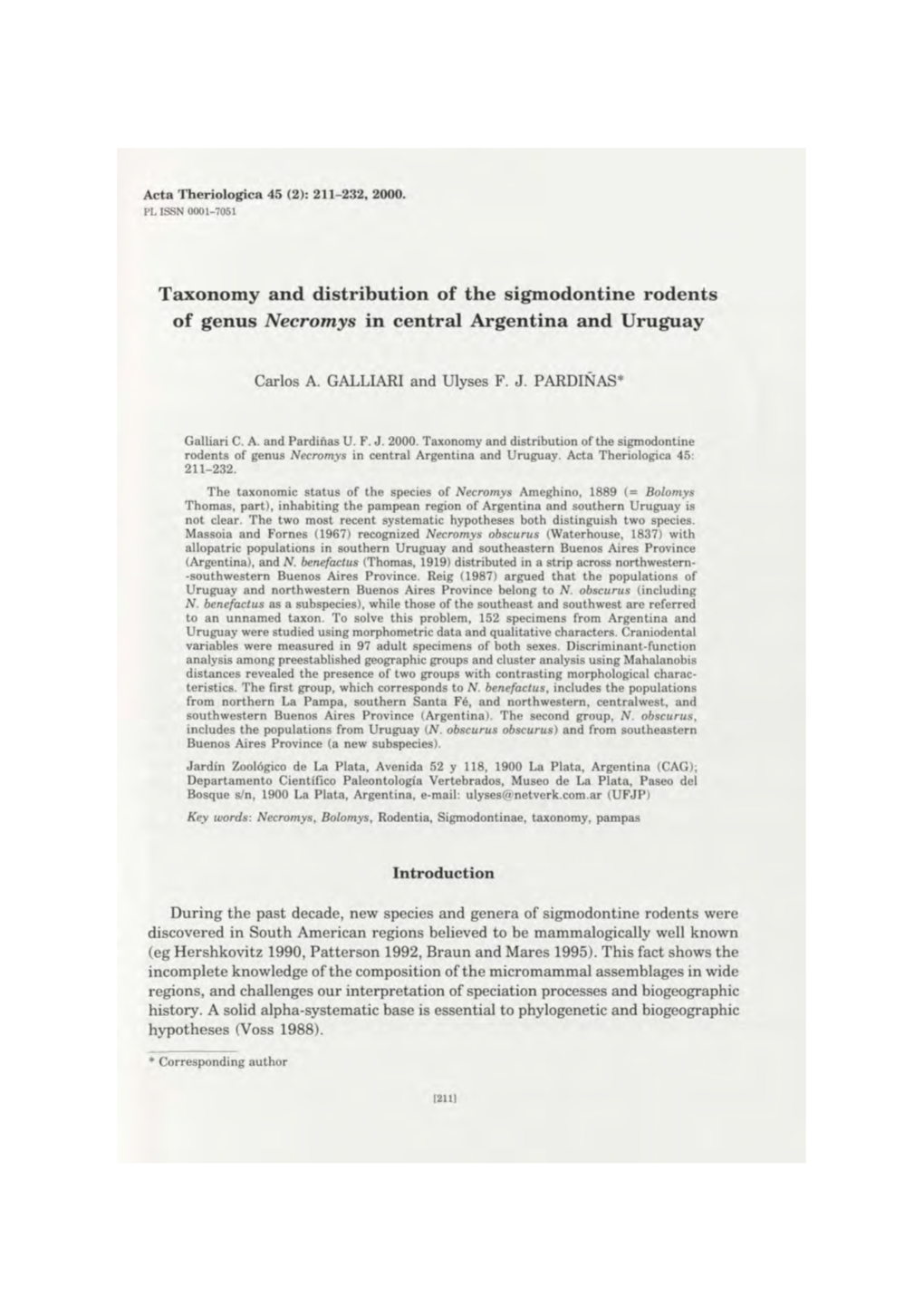 Taxonomy and Distribution of the Sigmodontine Rodents of Genus Necromys in Central Argentina and Uruguay