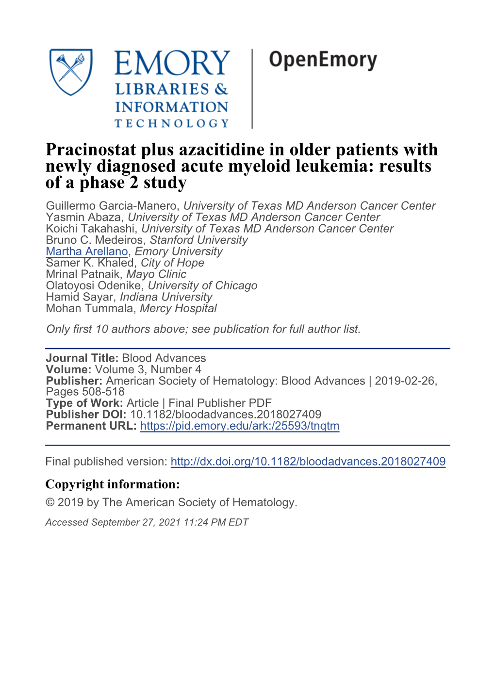 Pracinostat Plus Azacitidine in Older Patients With