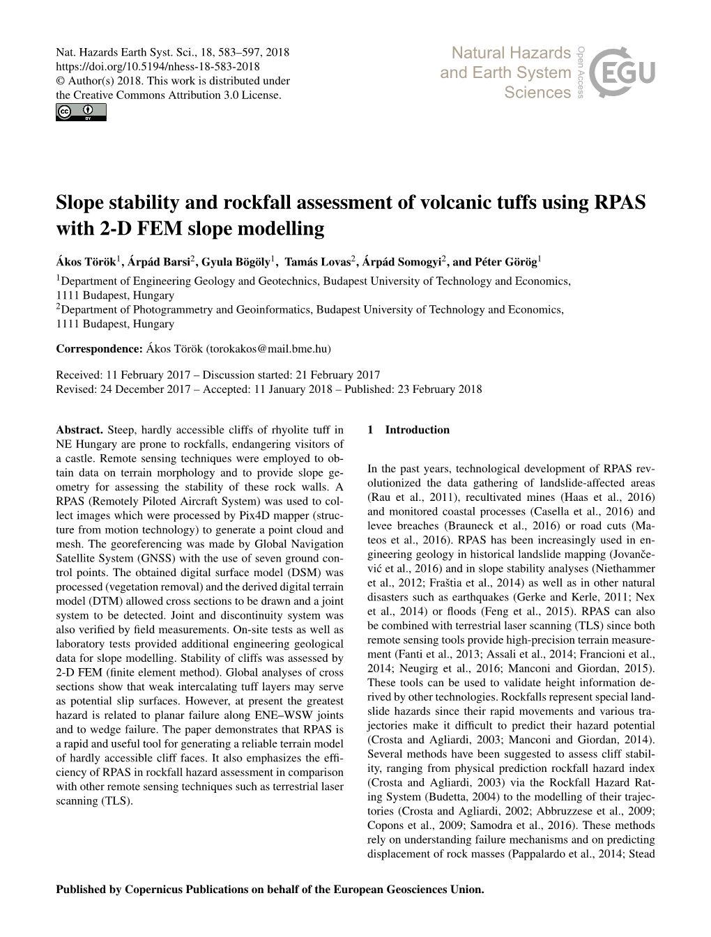 Slope Stability and Rockfall Assessment of Volcanic Tuffs Using RPAS with 2-D FEM Slope Modelling