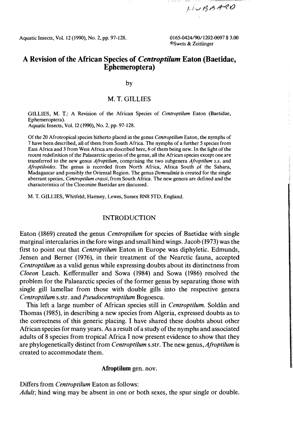 A Revision of the African Species of Centroptilum Eaton (Baetidae, Ephemeroptera)