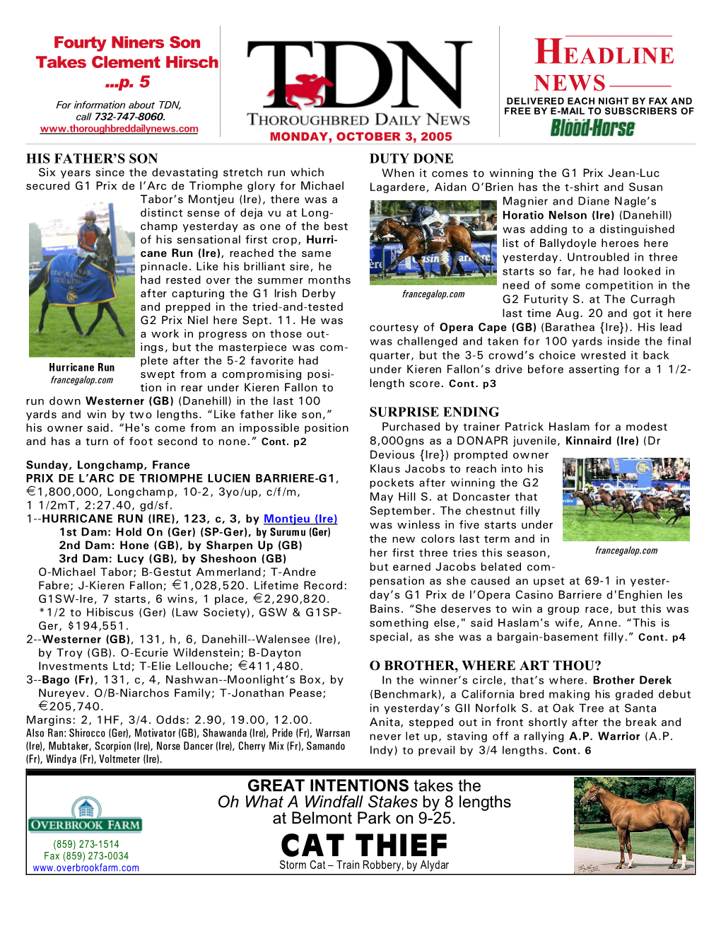 CAT THIEF Storm Cat – Train Robbery, by Alydar TDN P HEADLINE NEWS • 10/3/05 • PAGE 2 of 11