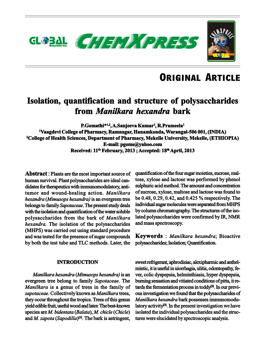 Isolation, Quantification and Structure of Polysaccharides from Manilkara Hexandra Bark