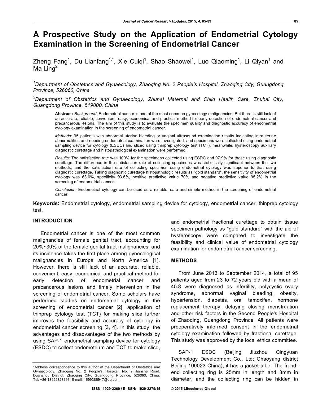 A Prospective Study on the Application of Endometrial Cytology Examination in the Screening of Endometrial Cancer