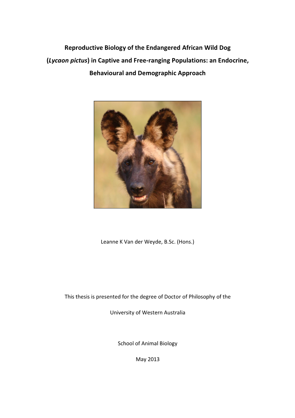 Reproductive Biology of the Endangered African Wild Dog (Lycaon Pictus) in Captive and Free-Ranging Populations: an Endocrine, Behavioural and Demographic Approach