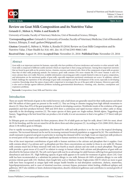 Review on Goat Milk Composition and Its Nutritive Value