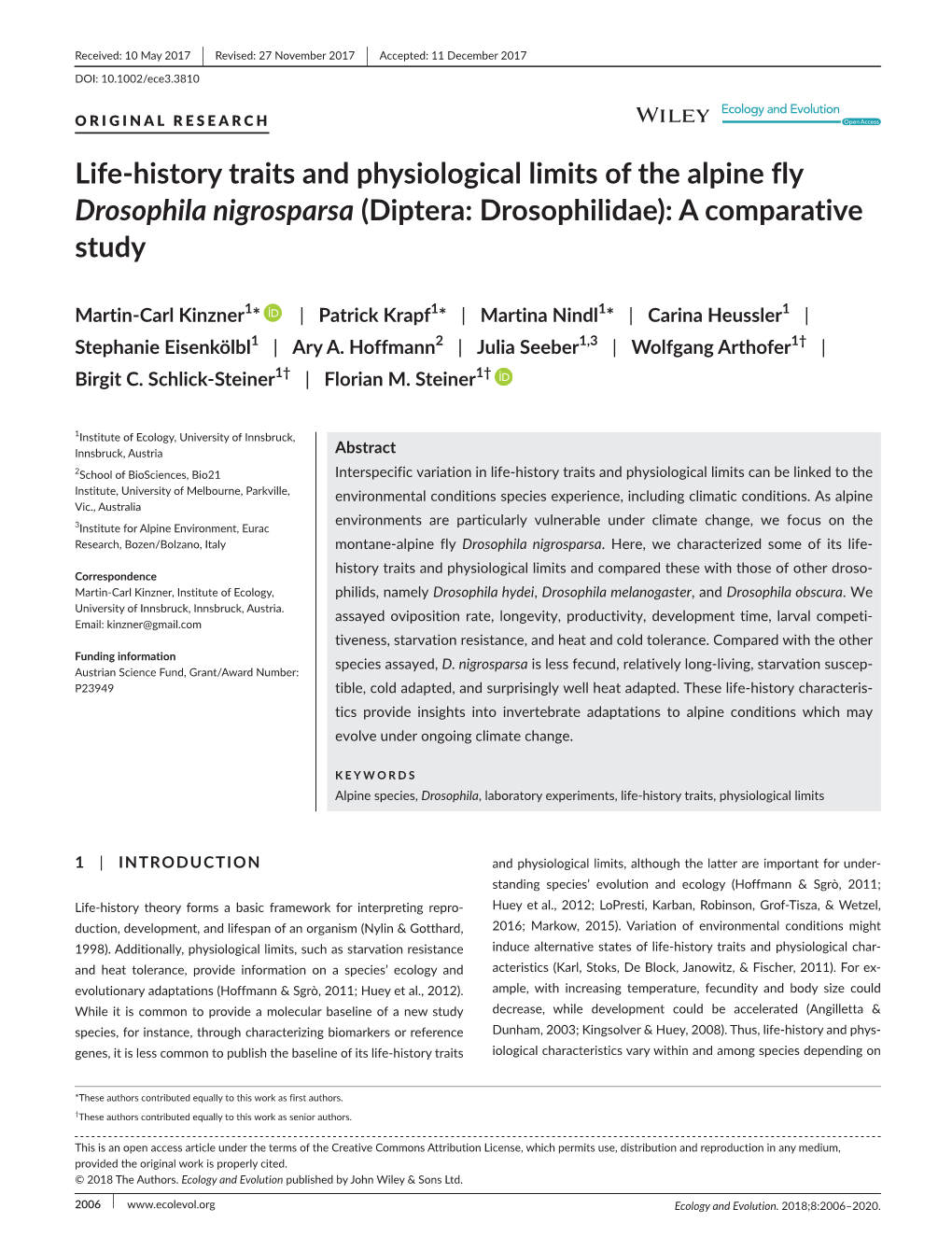 History Traits and Physiological Limits of the Alpine Fly Drosophila Nigrosparsa (Diptera: Drosophilidae): a Comparative Study