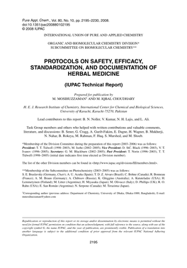 Protocols on Safety, Efficacy, Standardization, and Documentation of Herbal Medicine
