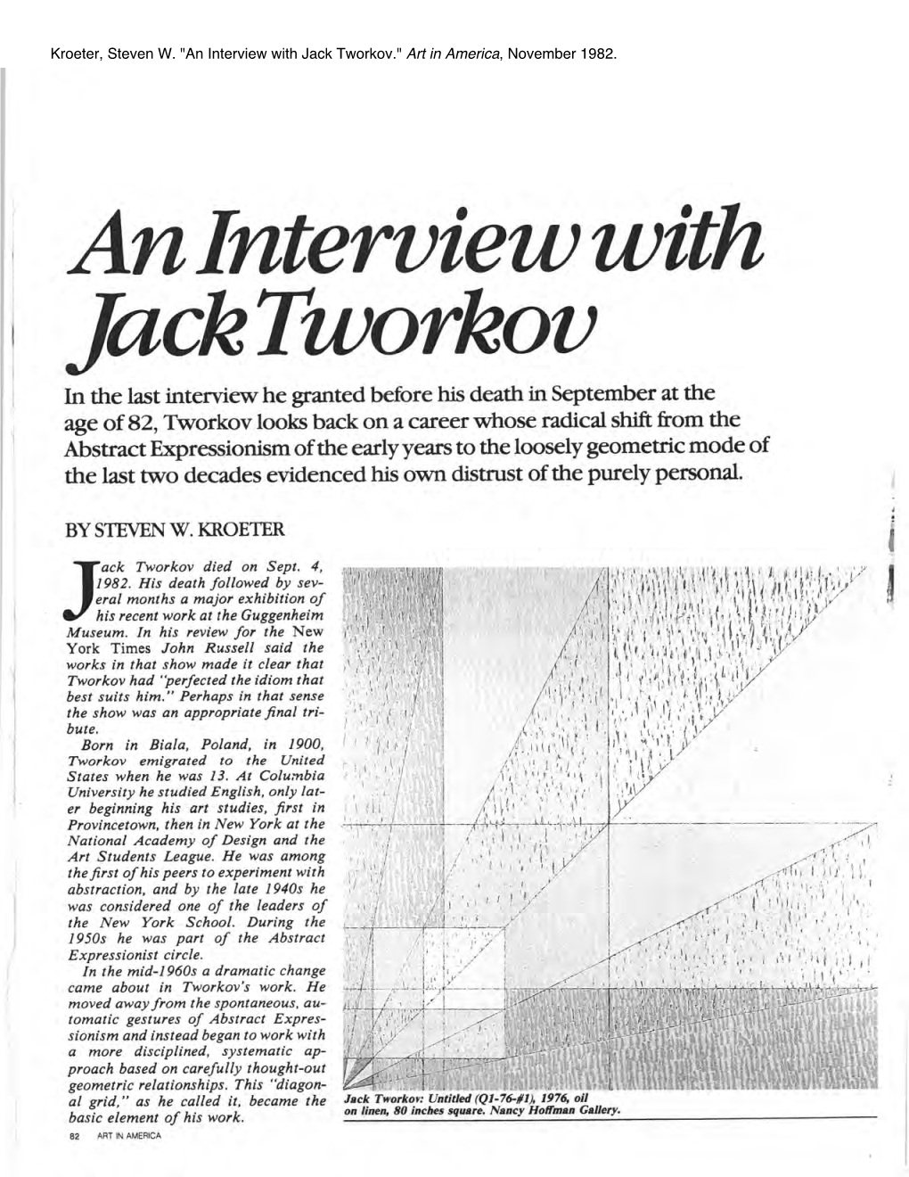 An Interview with Jack Tworkov." Art in America, November 1982