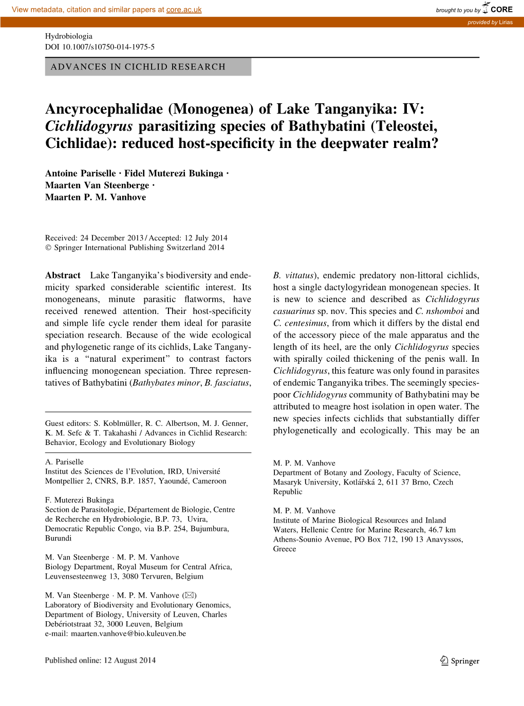 Ancyrocephalidae (Monogenea) of Lake Tanganyika: IV: Cichlidogyrus