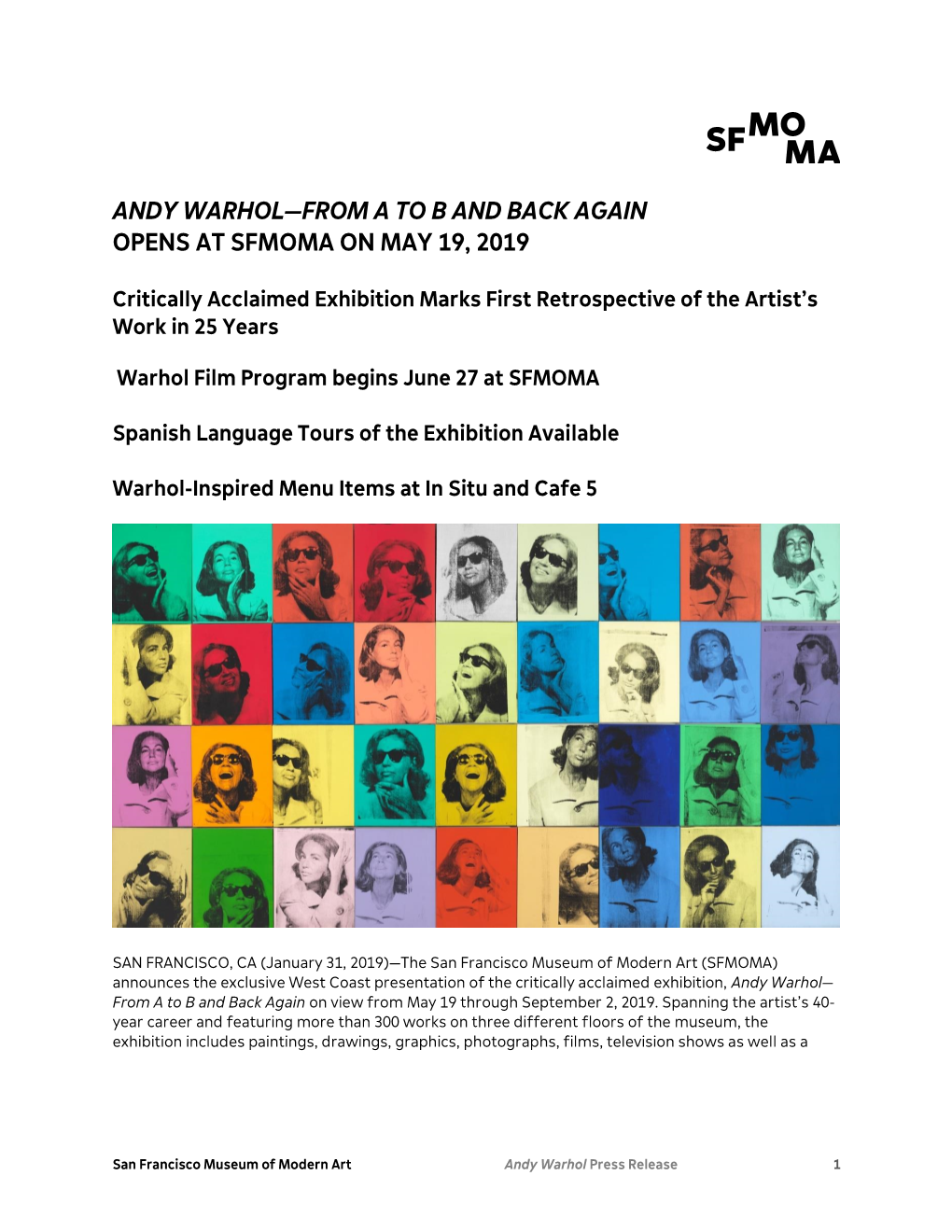 Andy Warhol—From a to B and Back Again Opens at Sfmoma on May 19, 2019