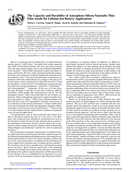 The Capacity and Durability of Amorphous Silicon Nanotube Thin Film Anode for Lithium Ion Battery Applications Maria L