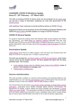 LGA/NARE: COVID-19 Workforce Update Issue 27: 26Th February – 12Th March 2021