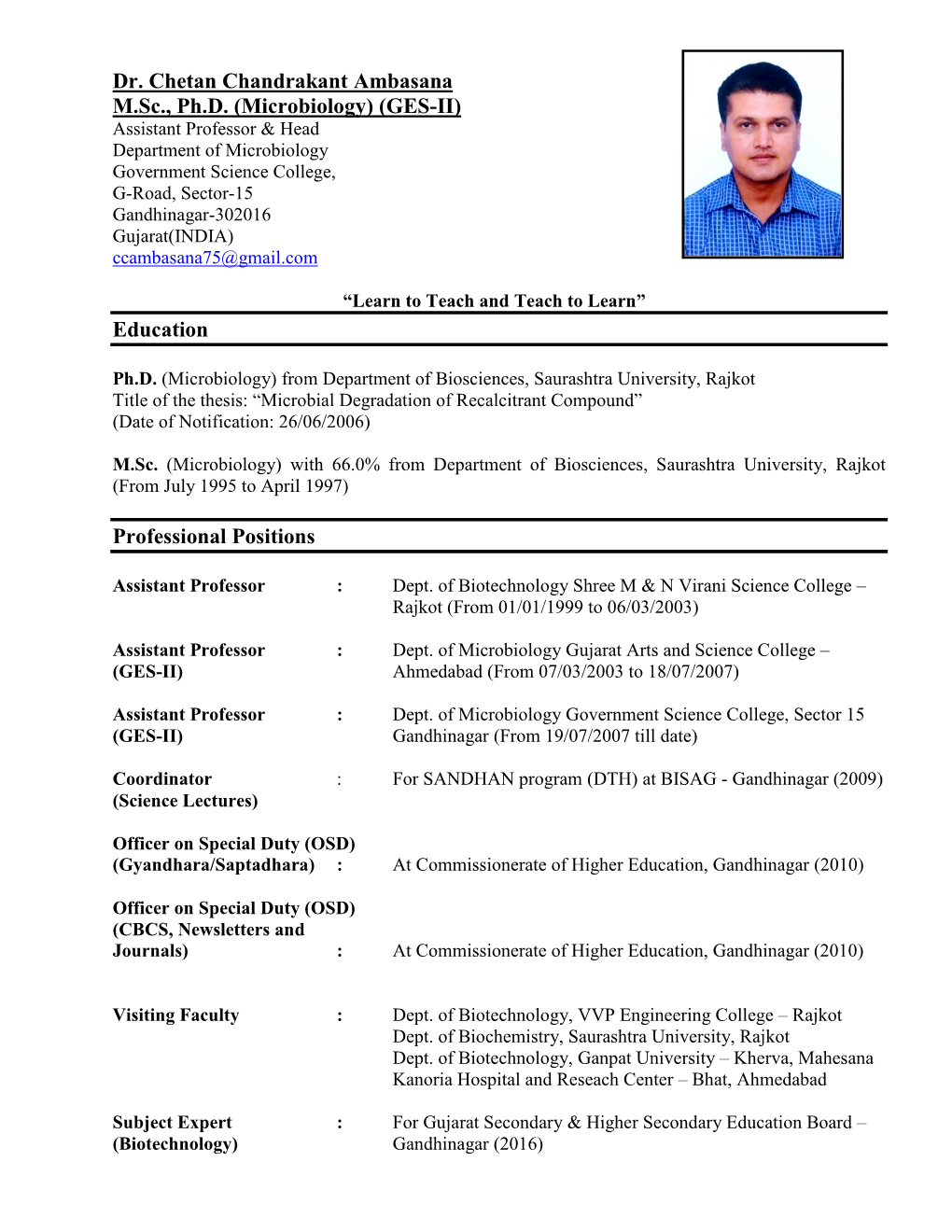 Dr. Chetan Chandrakant Ambasana M.Sc., Ph.D. (Microbiology) (GES-II