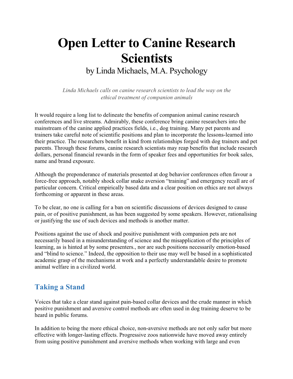 Open Letter to Canine Research Scientists by Linda Michaels, M.A