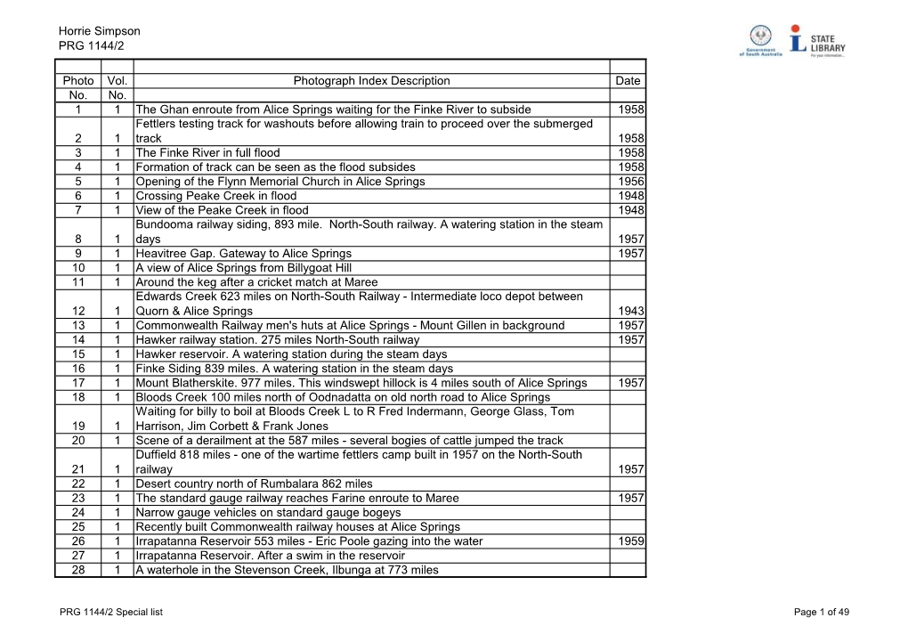Horrie Simpson PRG 1144/2 Photo Vol. Photograph Index Description