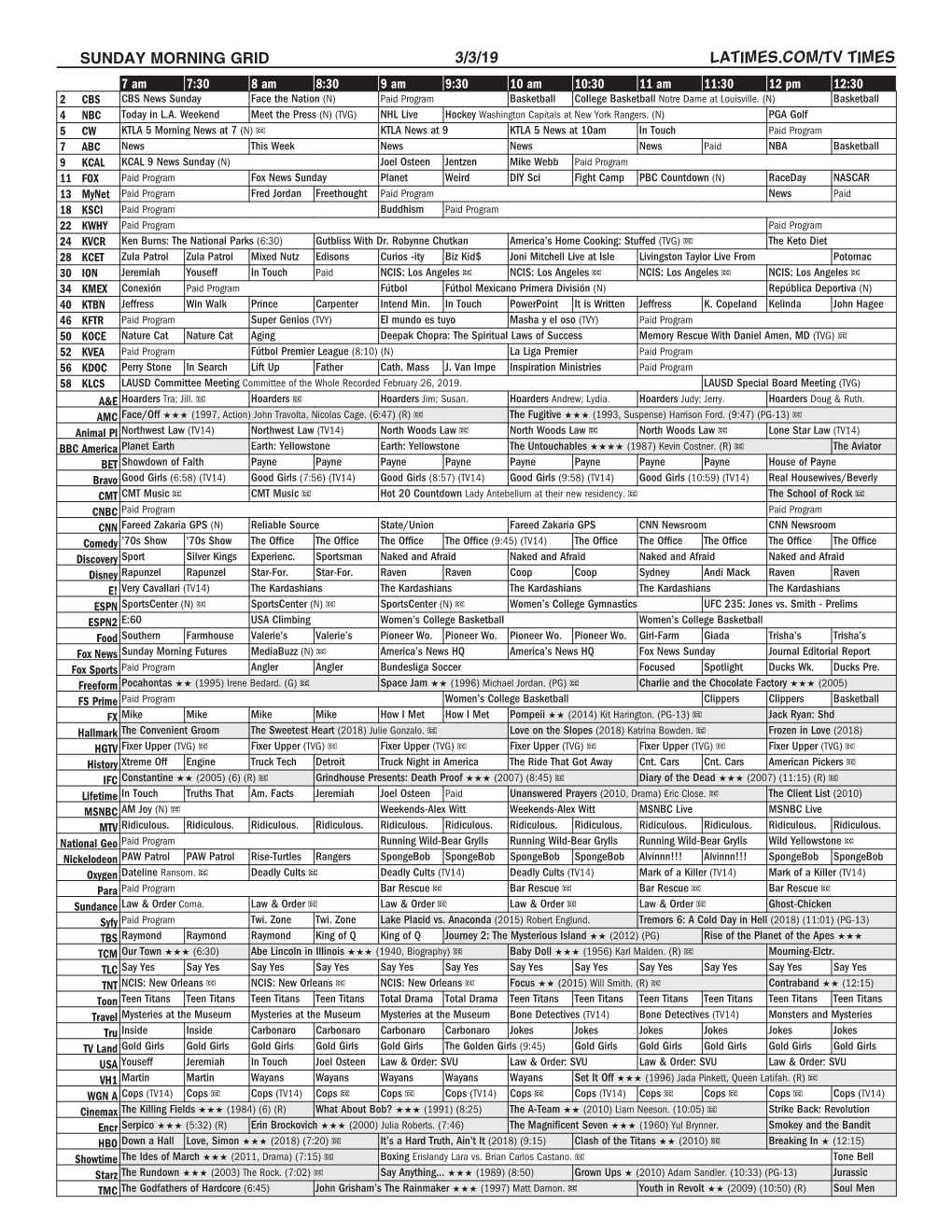 Sunday Morning Grid 3/3/19 Latimes.Com/Tv Times