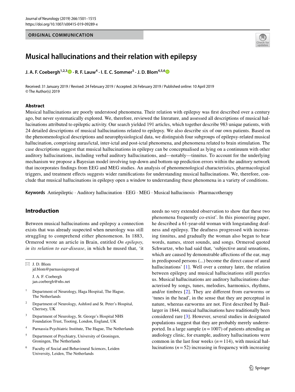 Musical Hallucinations and Their Relation with Epilepsy