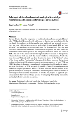 Relating Traditional and Academic Ecological Knowledge: Mechanistic and Holistic Epistemologies Across Cultures