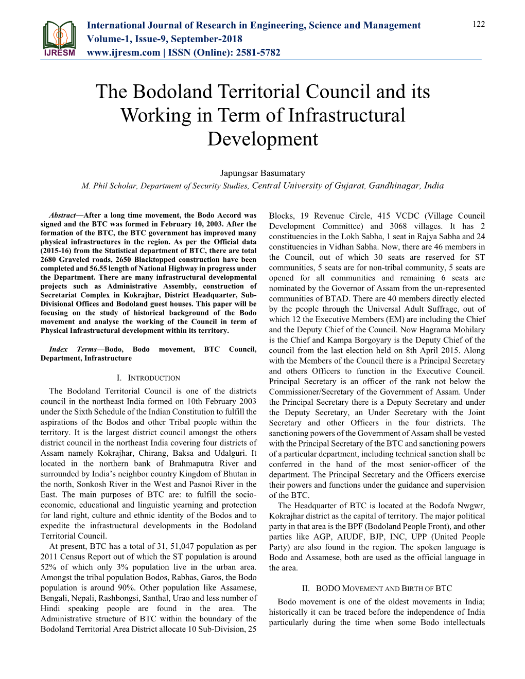 The Bodoland Territorial Council and Its Working in Term of Infrastructural Development