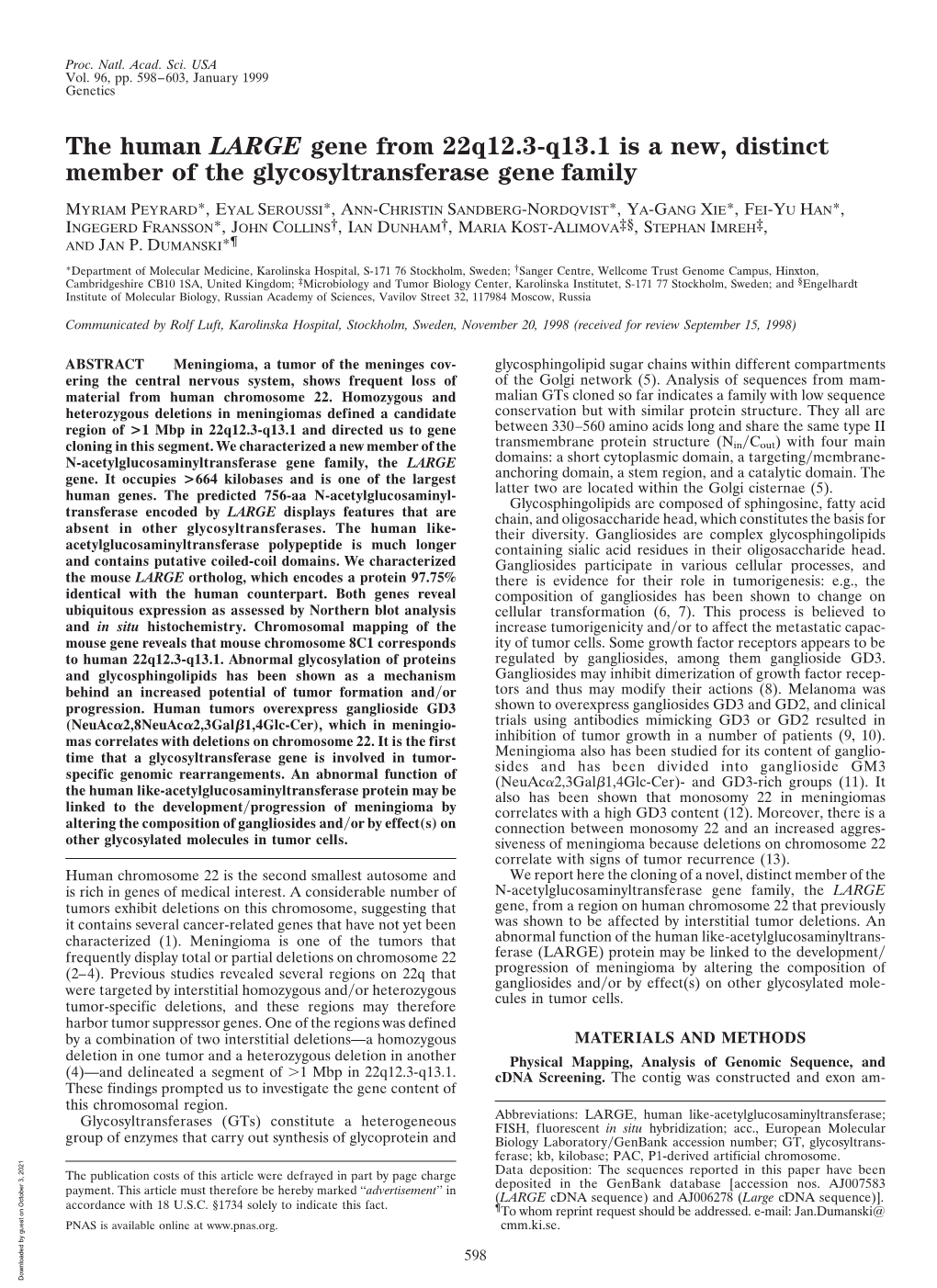 The Human LARGE Gene from 22Q12.3-Q13.1 Is a New, Distinct Member of the Glycosyltransferase Gene Family