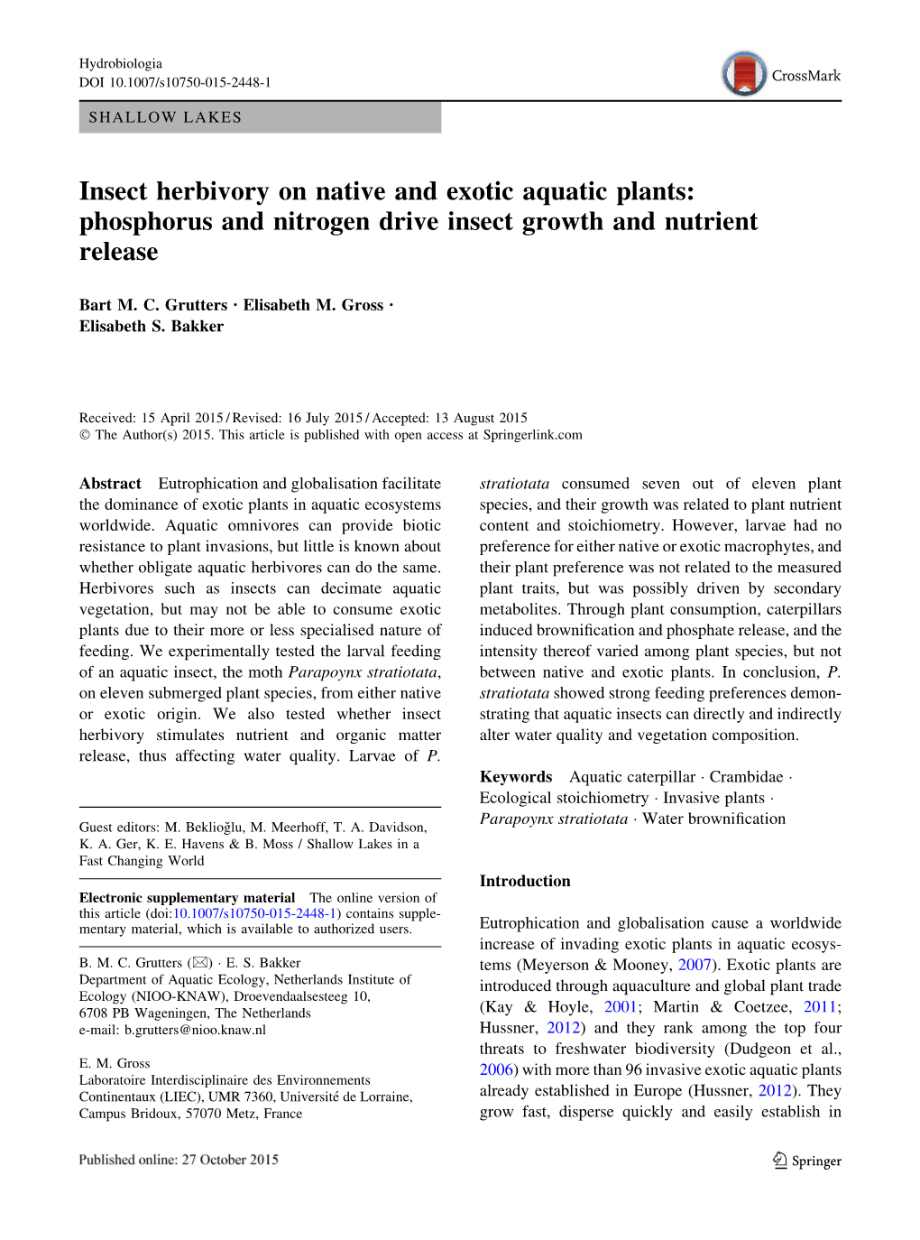 Insect Herbivory on Native and Exotic Aquatic Plants: Phosphorus and Nitrogen Drive Insect Growth and Nutrient Release