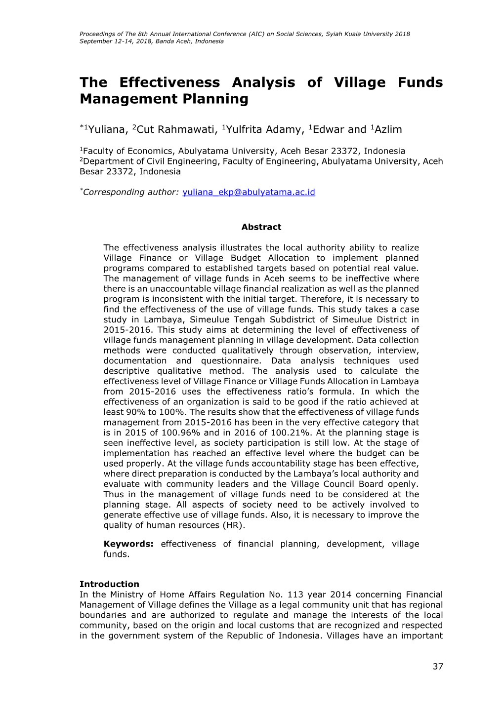 The Effectiveness Analysis of Village Funds Management Planning