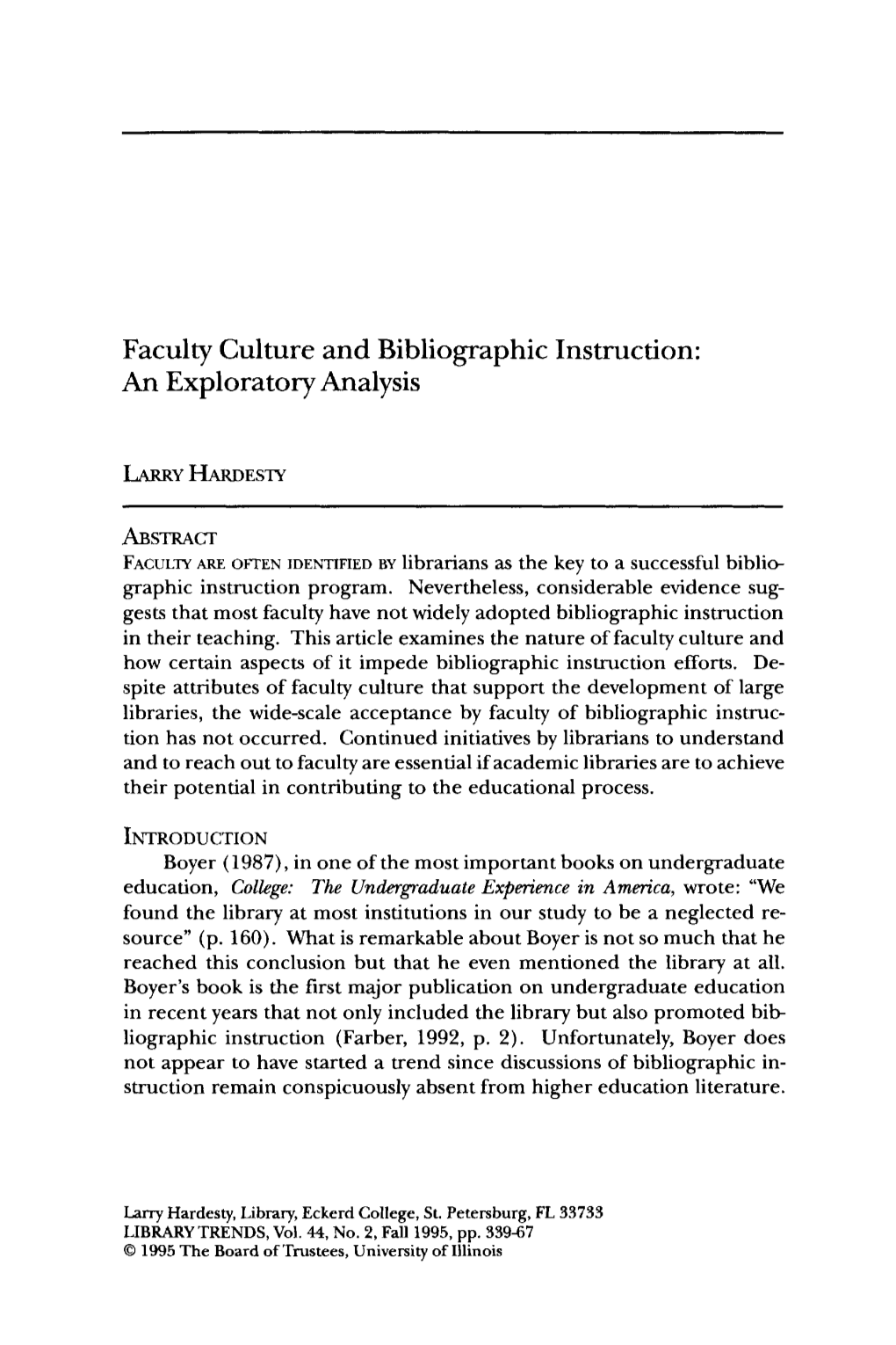 Faculty Culture and Bibliographic Instruction: an Exploratory Analysis