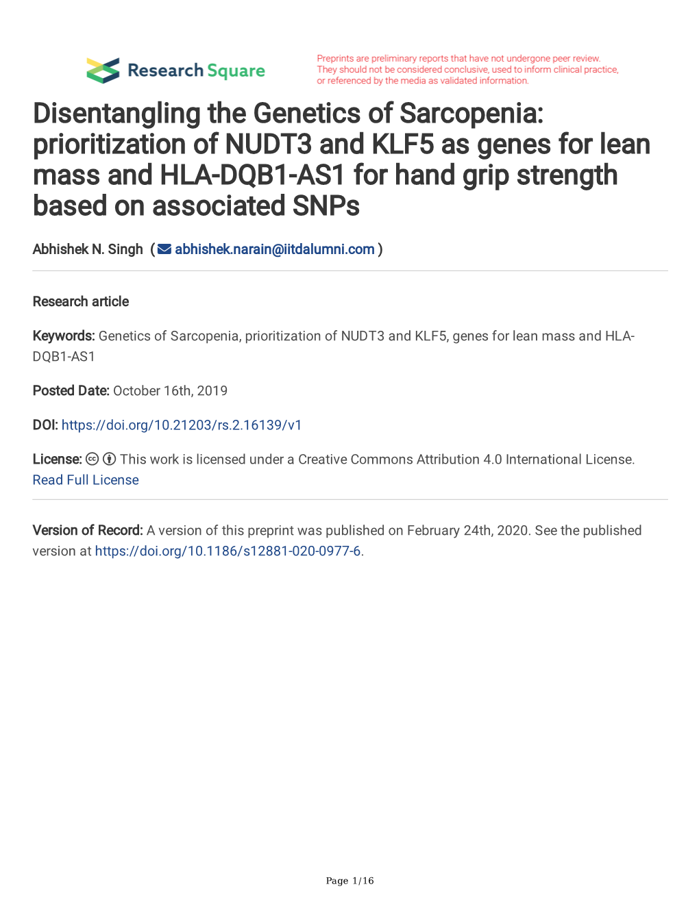 Disentangling the Genetics of Sarcopenia: Prioritization of NUDT3 and KLF5 As Genes for Lean Mass and HLA-DQB1-AS1 for Hand Grip Strength Based on Associated Snps