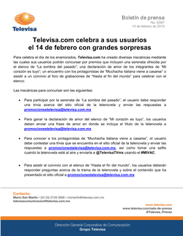 Televisa.Com Celebra a Sus Usuarios El 14 De Febrero Con Grandes