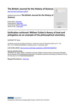 Unification Achieved: William Cullen's Theory of Heat and Phlogiston As An