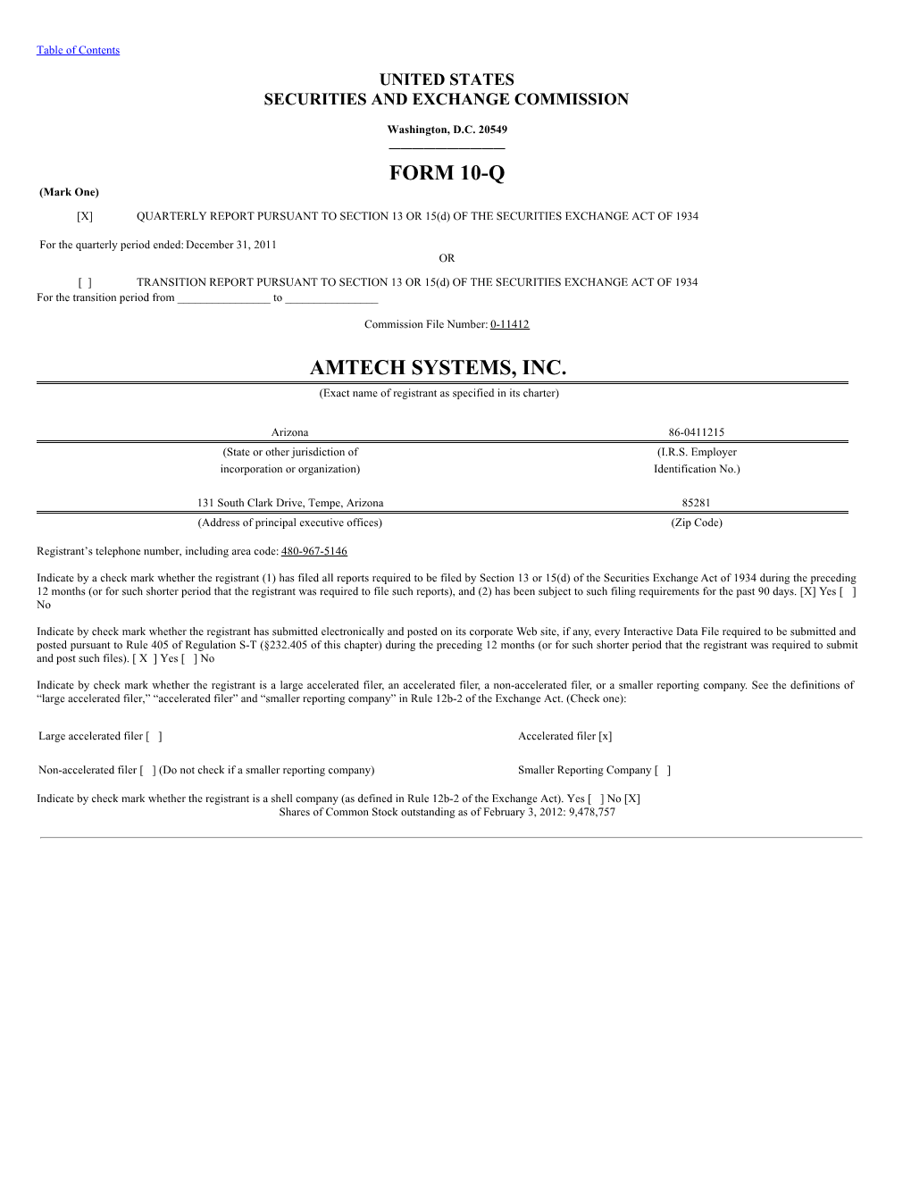 Form 10-Q Amtech Systems, Inc