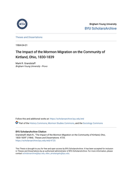 The Impact of the Mormon Migration on the Community of Kirtland, Ohio, 1830-1839