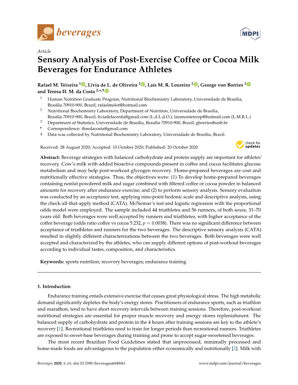 Sensory Analysis of Post-Exercise Coffee Or Cocoa Milk Beverages for Endurance Athletes