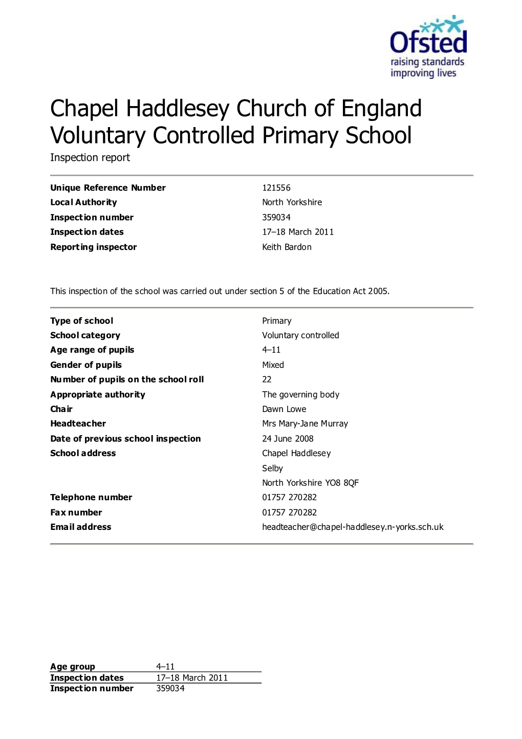 Chapel Haddlesey Church of England Voluntary Controlled Primary School Inspection Report