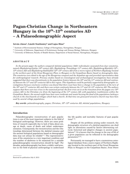 Pagan-Christian Change in Northeastern Hungary in the 10Th–13Th Centuries AD – a Palaeodemographic Aspect